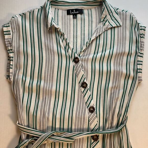 Lulus Back to Classics Green and White Striped Midi Shirt Dress Linen Blend S - Picture 11 of 14